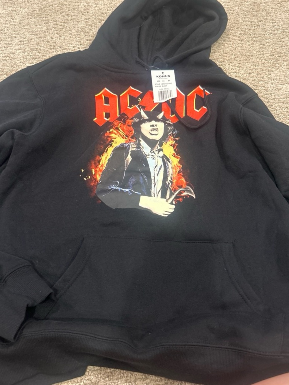 AC/DC Black Hoodie with Red and Orange Flame Graphic